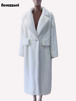 Nerazzurri-女性用フェイクミンクファー繭コート,ふわふわ,白,厚手,暖かい,柔らかく,長い,シングルボタン,ルーズ,カジュアル,韓国ファッション,冬