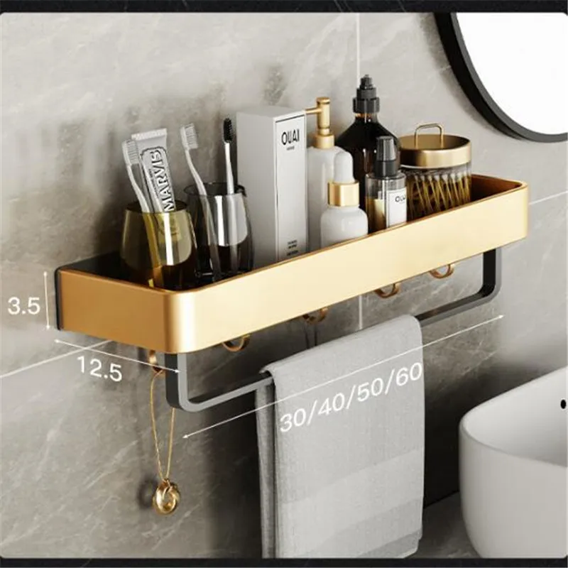 Bathroom Storage Organizer Bathroom Shelf Wall Mounted Holder Corner Shelf Brushed Gold Black Aluminum Bath Shower Shelf