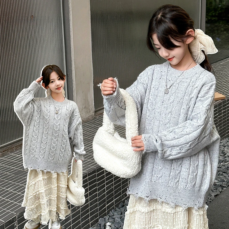 Girls Gray Sweater Top Autumn and Winter Twisted Hole Sweater 2024 New Children Foreign Leisure Knitting Fashion Top Sweater