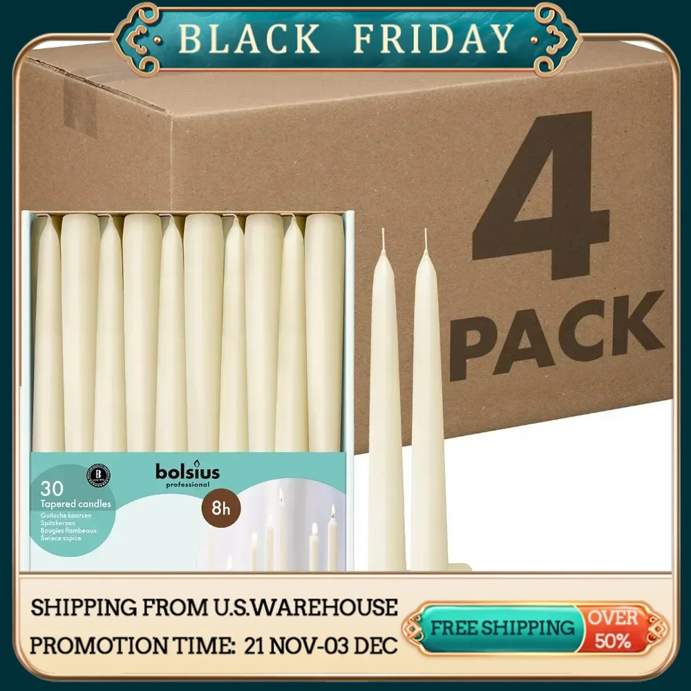 Ivory Taper Candles - Bulk Case of 4 Packs = Total 120 Candles - 8 Hours  Premium European Quality  Consistent Smokeless Flame