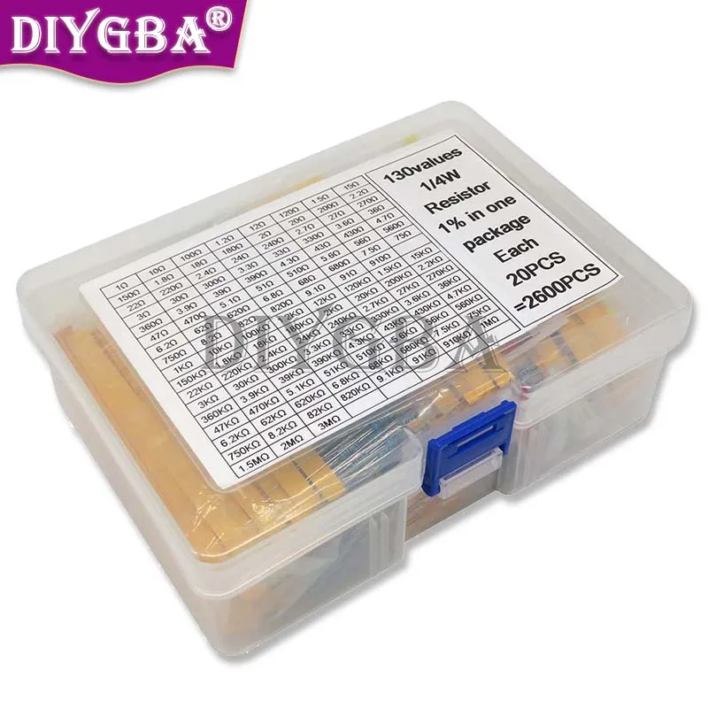 2600PCS/LOT 130 Values 1/4W 0.25W BXV 1% Metal Film Resistors Assorted Pack Kit Set Lot Resistors Assortment Kits Fixed Resistor