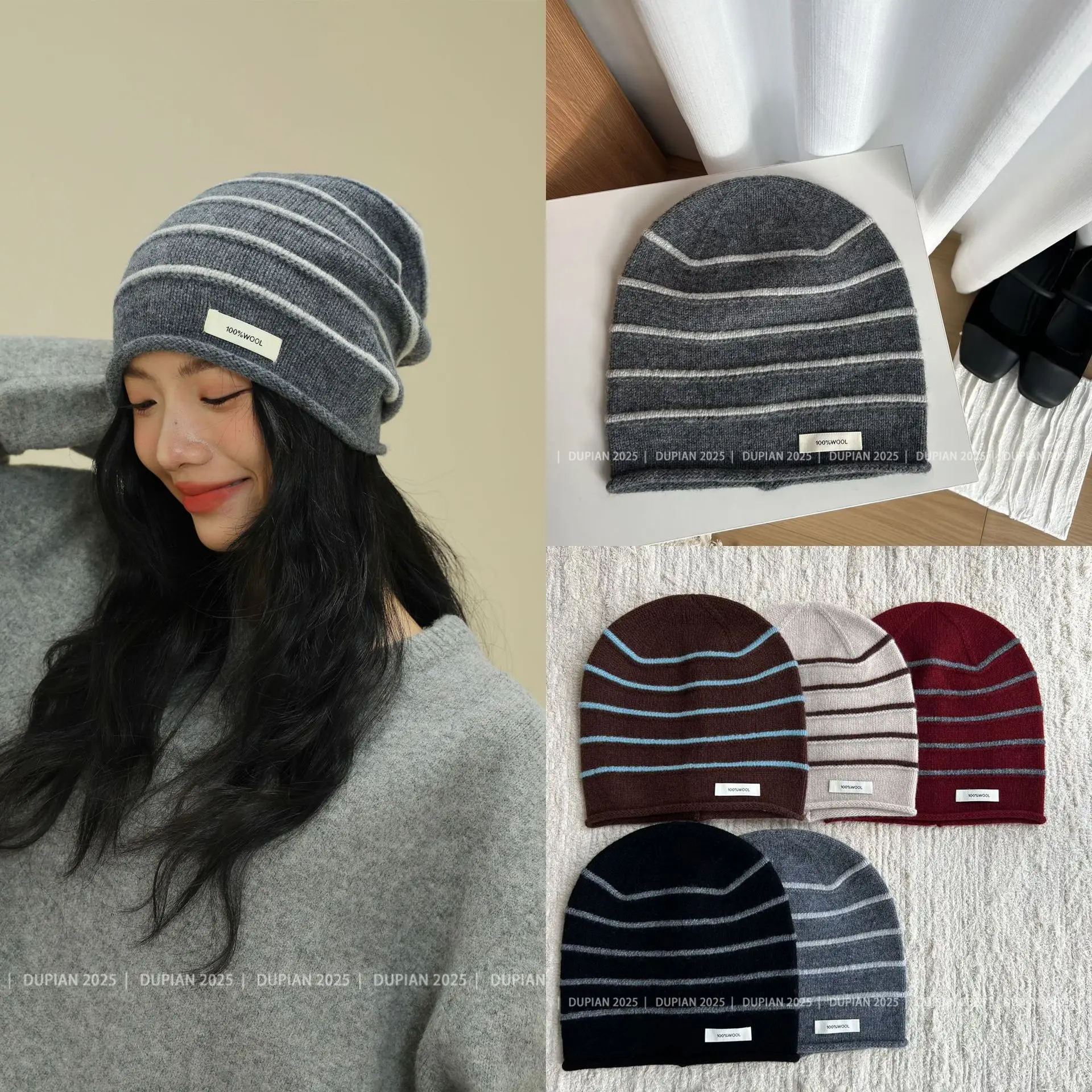 Women's 100% Pure Cashmere Pile Cap Casual Striped Knitted Brimless Cap Warm Versatile Spring Autumn Winter Roll-Edged Hat