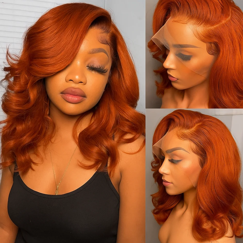 # 350ジンジャーオレンジアンバー人毛ウィッグ4X4 HDレースボブボディウェーブクロージャーウィッグ180密度ブラジル人毛ウィッグプレカット女性用