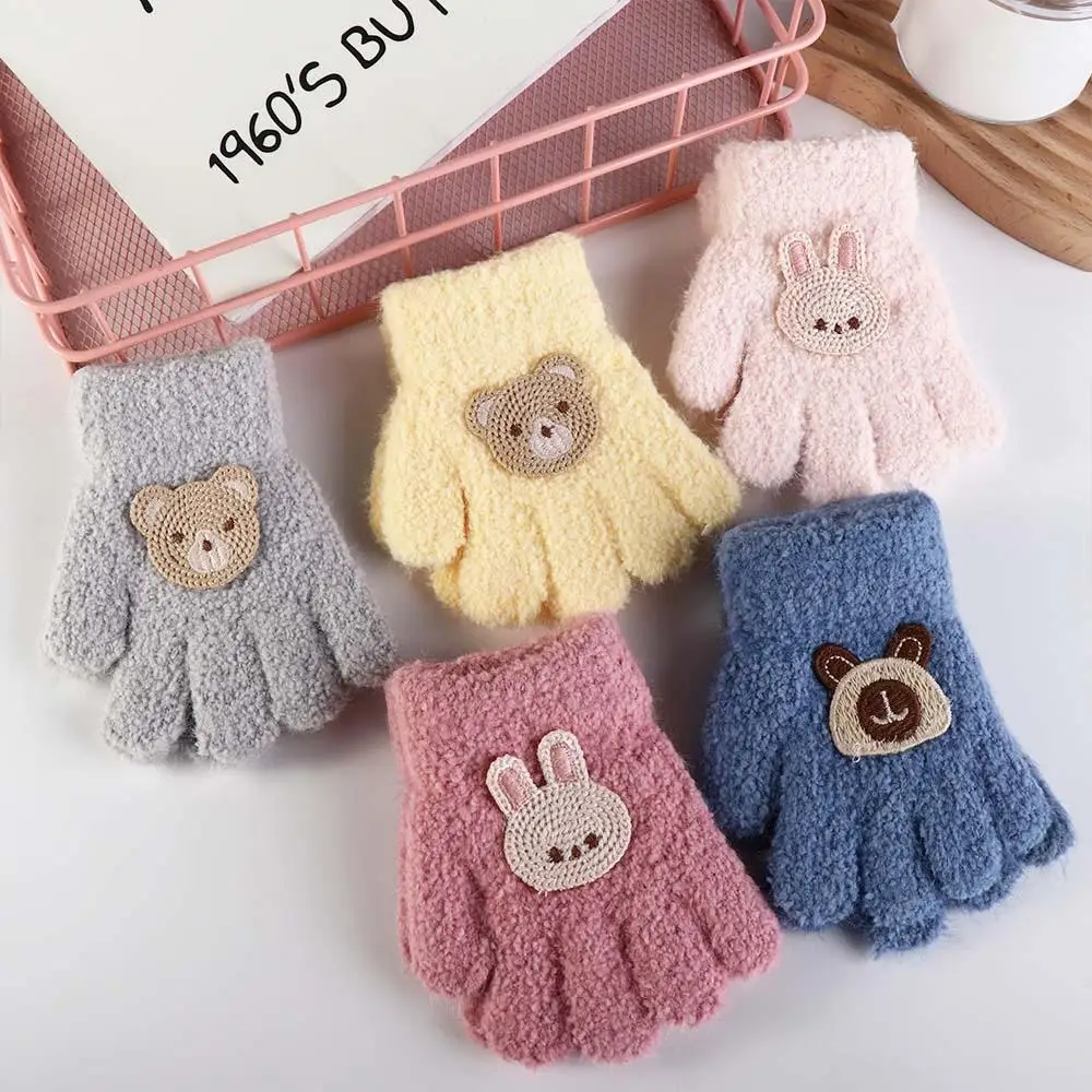 Warm Bear Baby Fluffy Gloves Flower Rabbit Cartoon Pattern Gloves Korean Style Solid Color Knitted Mittens Outdoor