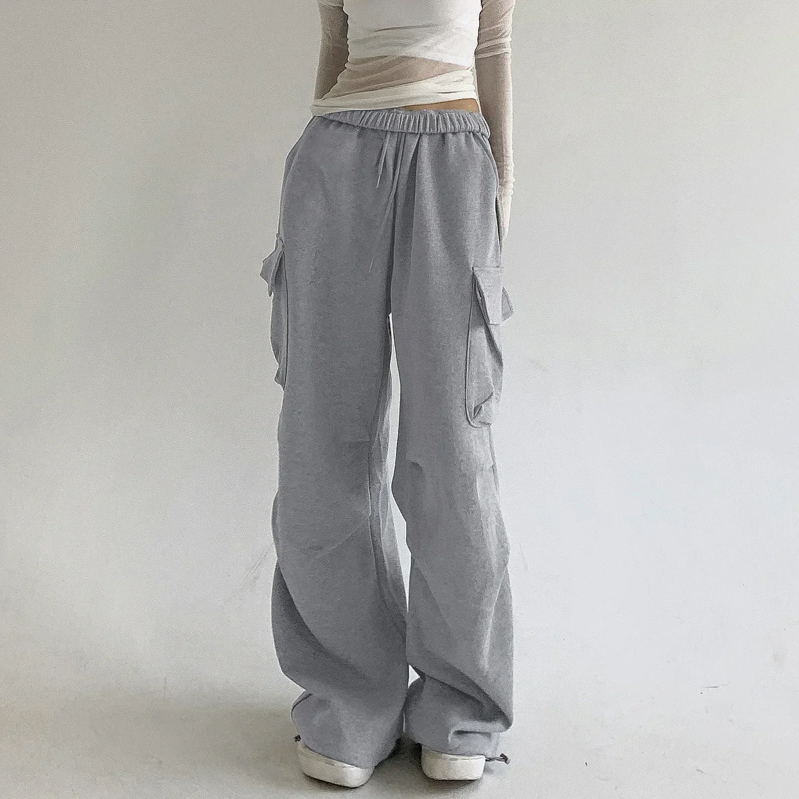 Women's Baggy Cargo Pants High Waist Solid Color Parachute Pants Ruched Sweatpants with Flap Pockets Streetwear