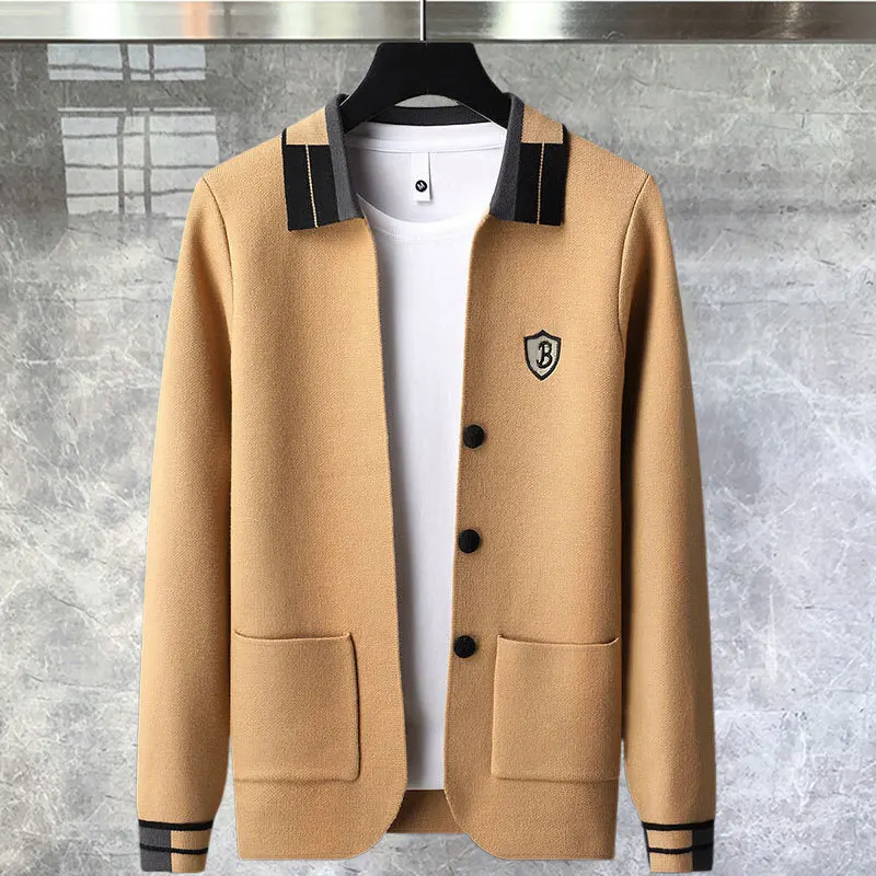 

Autumn Khaki Striped Contrast Patchwork Printing Cardigan Men Sweter Korean Sweater Coat Designer Knit Cardigan Jacket Sweater