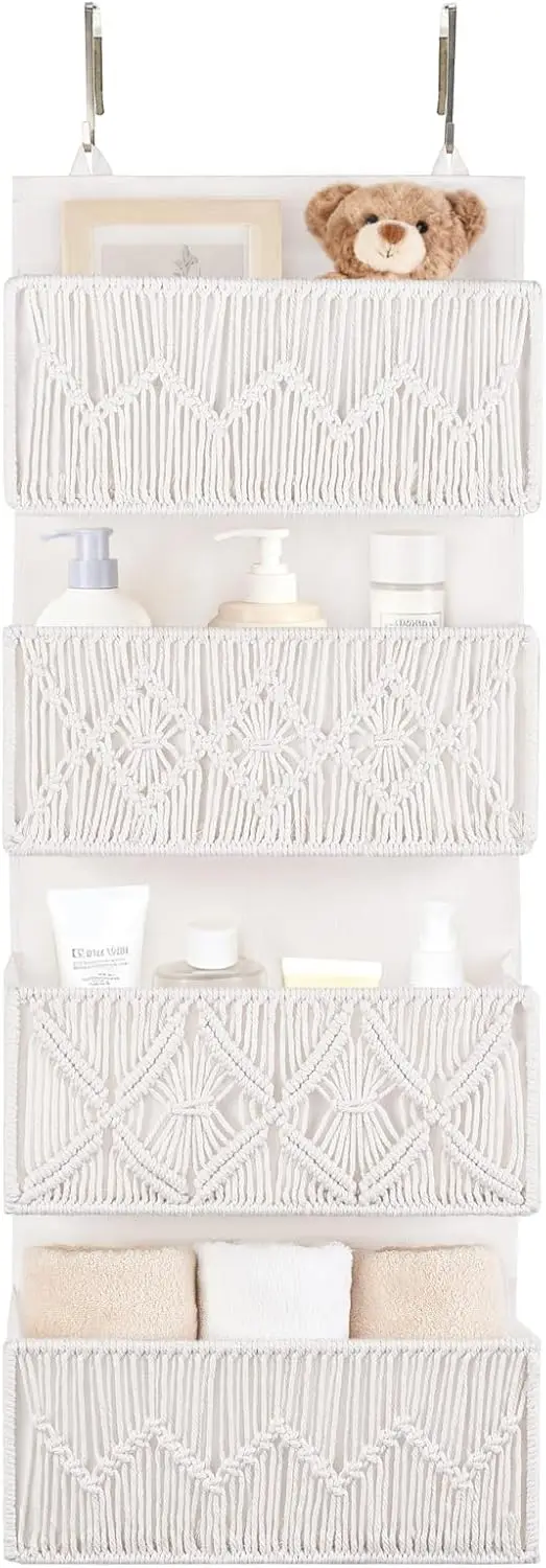 

Over The Door Organizer Macrame Boho Nursery Storage Decor with 4 Large Woven Pockets Closet Behind Hanging Organizer fo