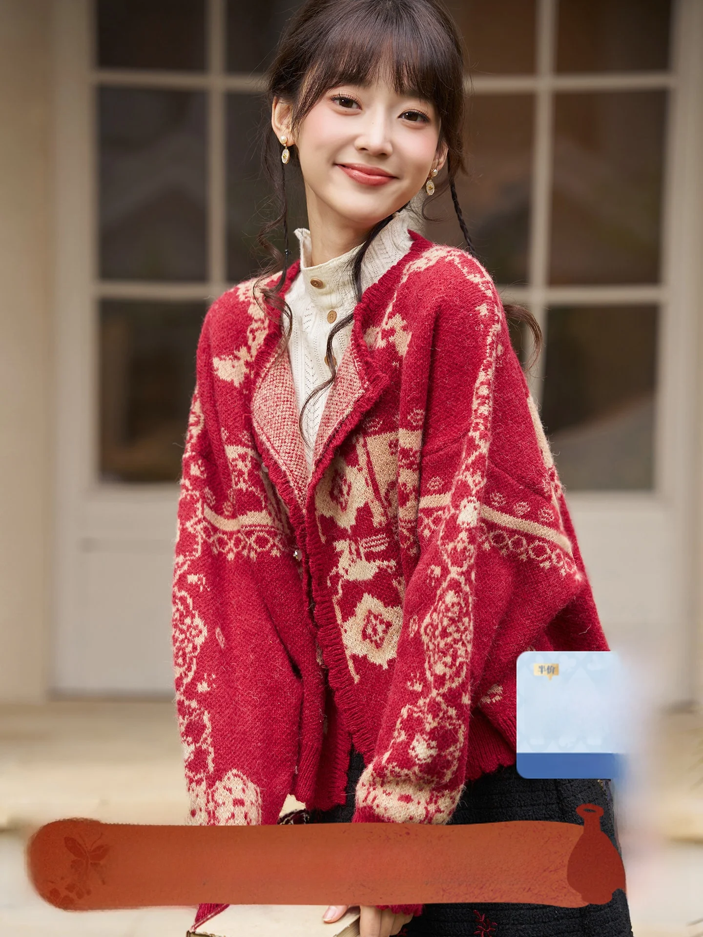 

Красный круглый вязаный свитер для женщин, новогодний модный топ, зимняя коллекция 2025, сезонная одежда, удобная мягкая ткань, женская одежда.