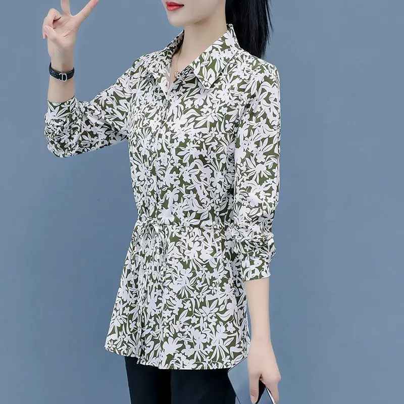 Pendolarismo camicia stampata con fiori spezzati primavera autunno manica lunga elegante fiocco con coulisse abbigliamento donna camicetta monopetto