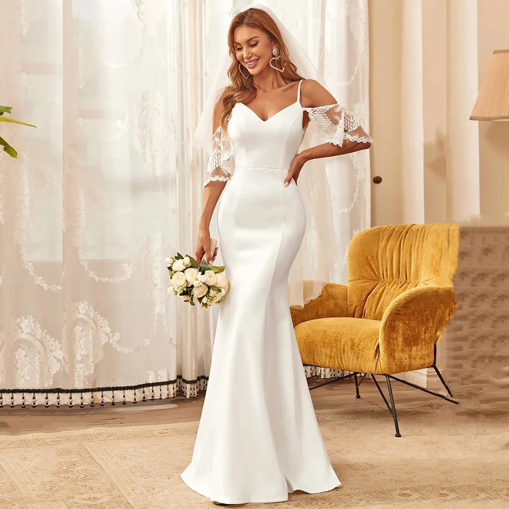 Vestido De Novia De sirena con apliques De encaje elegante, Vestido De Novia con tirantes finos y espalda descubierta, largo hasta el suelo, Vestido De Novia Civil personalizado