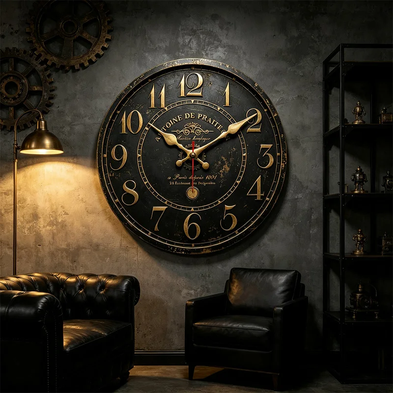 Vintage Black Gold Large Wall Clock Industrial Distressed Round Wall Watch Silent Non Ticking Antique Paris Letter Wall Clock for Loft Bar Cafe Home Decor