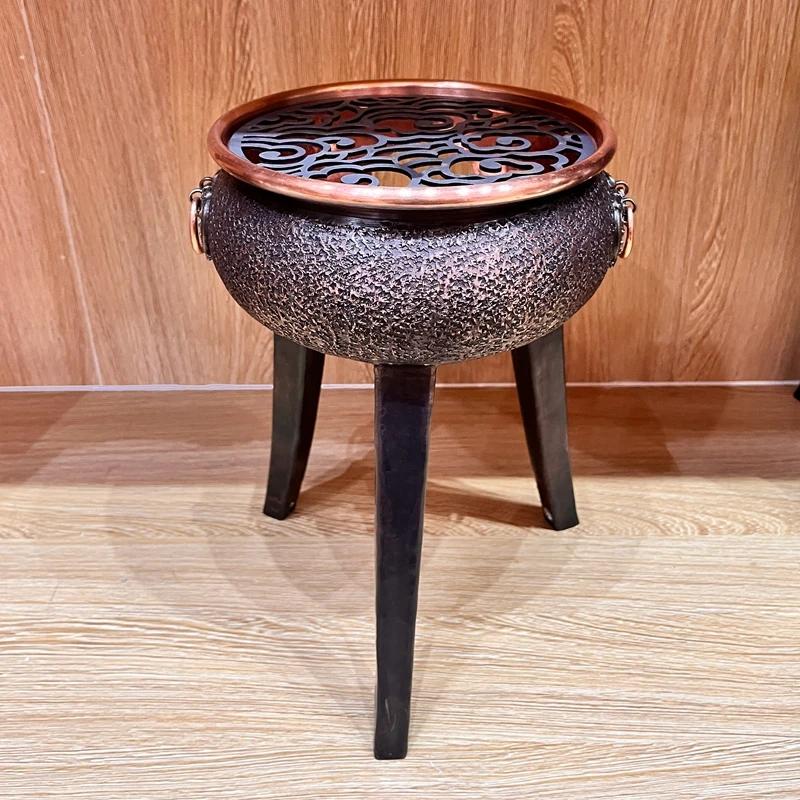 Retro Pure Copper Solid Copper Tea Stove Heavily Carved Three-legged Incense Burner Chinese Tea Set