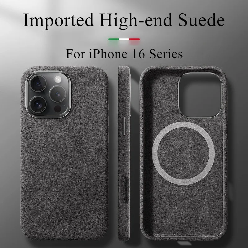 Black Alcantara Magnetic Attraction Case for iPhone 15 16 Pro Max 16 Plus Coque Imported High-end Suede Metal Lens Ring Cover