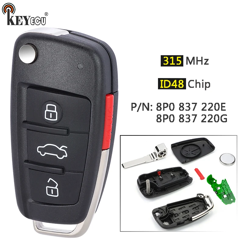 

Чип KEYECU 315 МГц ID48 P/N: 8P0 837 220E/8P0 837 220G Флип-брелок для Audi A3 TT 2006 2007 2008 2009 2010