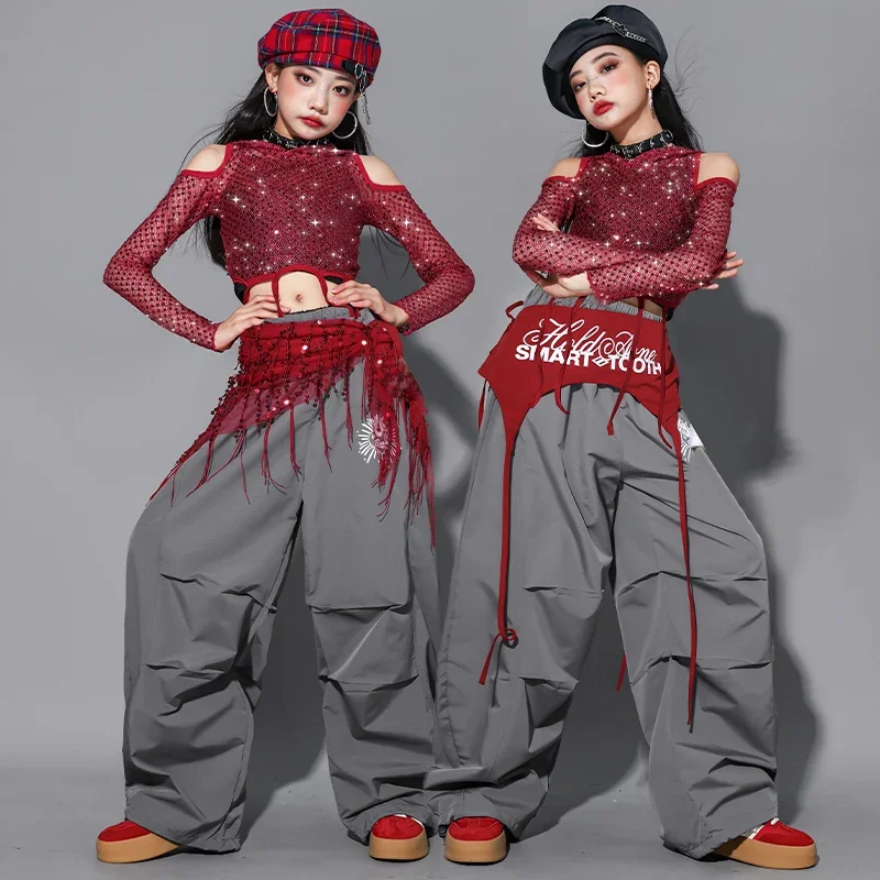 Jazz Girl Group Kleidungsset Kinder Streetwear Mädchen K-Pop Pailletten Mesh Hoodie Tops Street Dance Cargo Hosen Kostüm Kinder Hip Hop