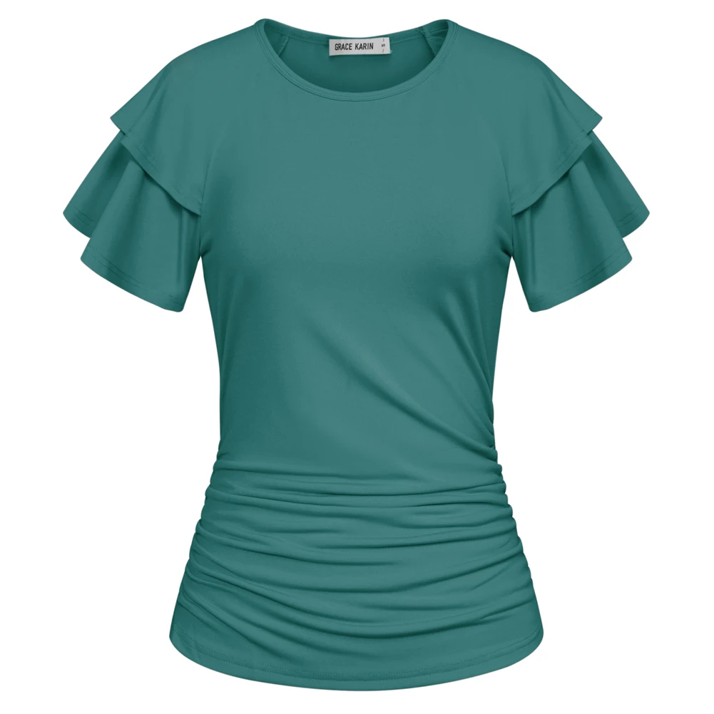 

GK Women Ruched Tops Slim Fit Casual Dual Layer Short Sleeve Crew Neck T-Shirt Summer Comfort Tops Beachwear Fashion Streetwear