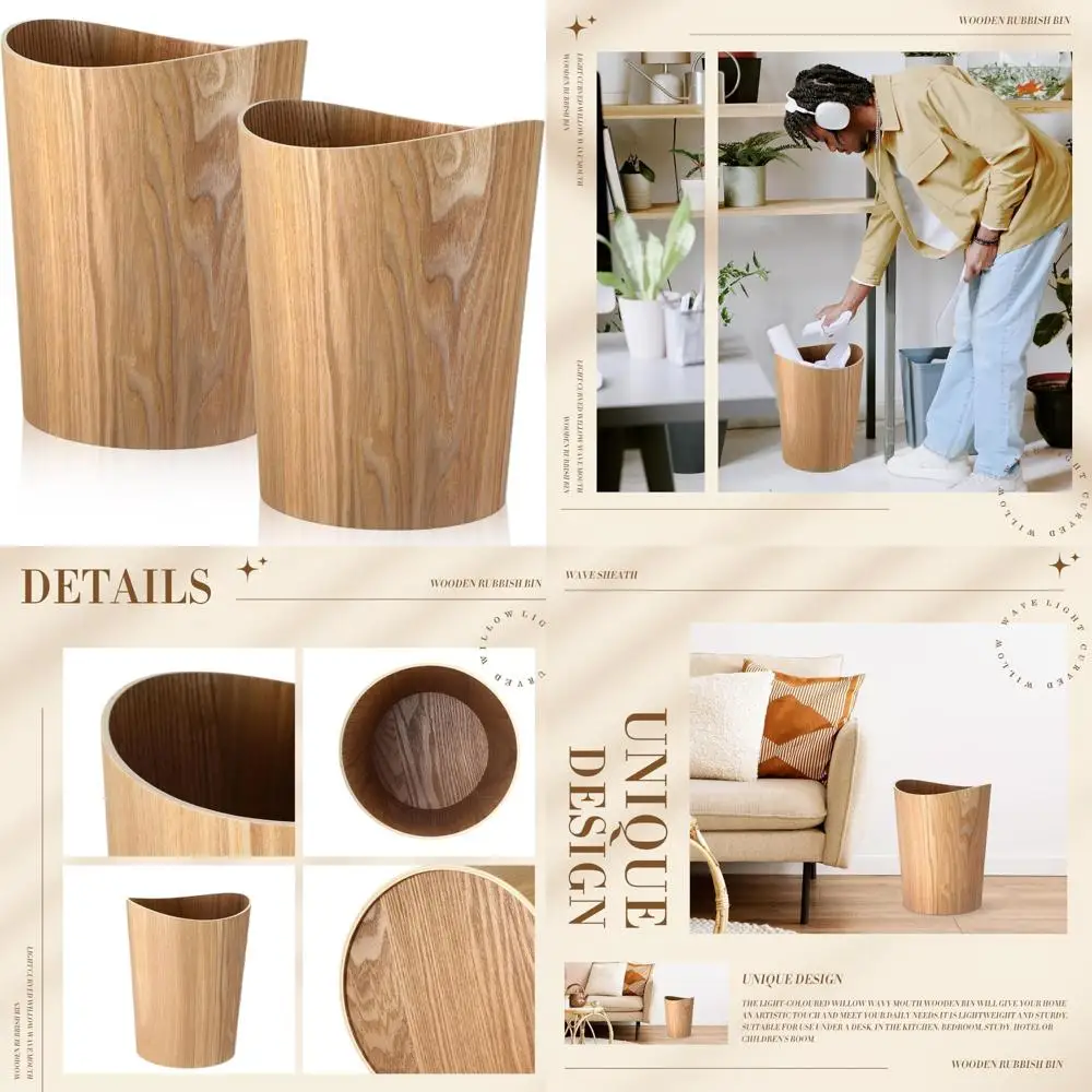 

Natural Wood Round Wastebasket - 2.3 Gallons Small Trash Bin for Home, Office, Kitchen Use Under Desk