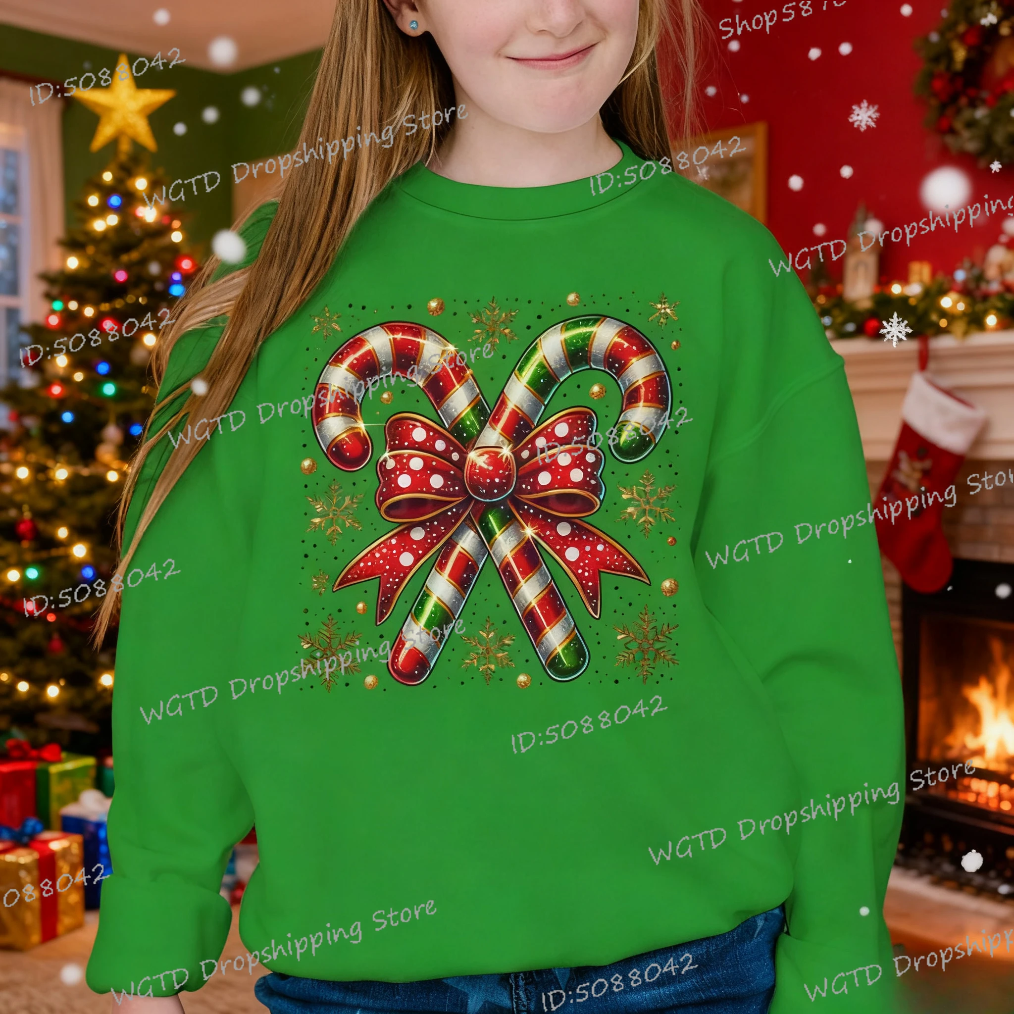

Children's Cartoon Candy Bow Christmas Sweatshirts Long Sleeves Holiday Pattern Tops for Boys Girls Sweet Kids Xmas Sweatshirt