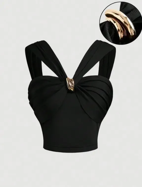 

Fashion Versatile Women's Black Cross Strap Metal Slimming Vest 2026 Summer New Style Female Sexy Crop Tank Top