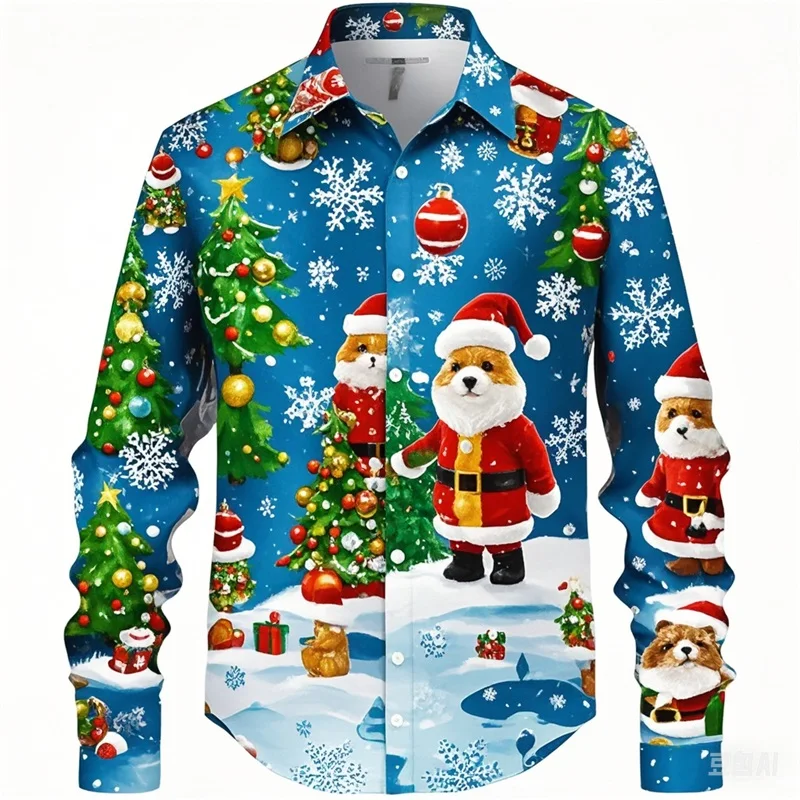 

3D Print Santa Claus Graphic Shirts Merry Christmas Long Sleeve Shirts For Men Casual Oversized Button Up Shirts Blouse Clothes