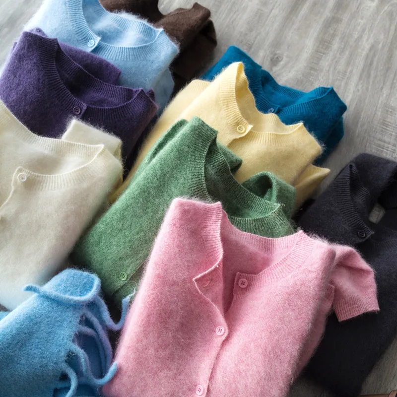 Suéter de cachemira de lana polar para mujer cárdigan Otoño Invierno cuello redondo sin costuras de un solo pecho prendas de punto suaves