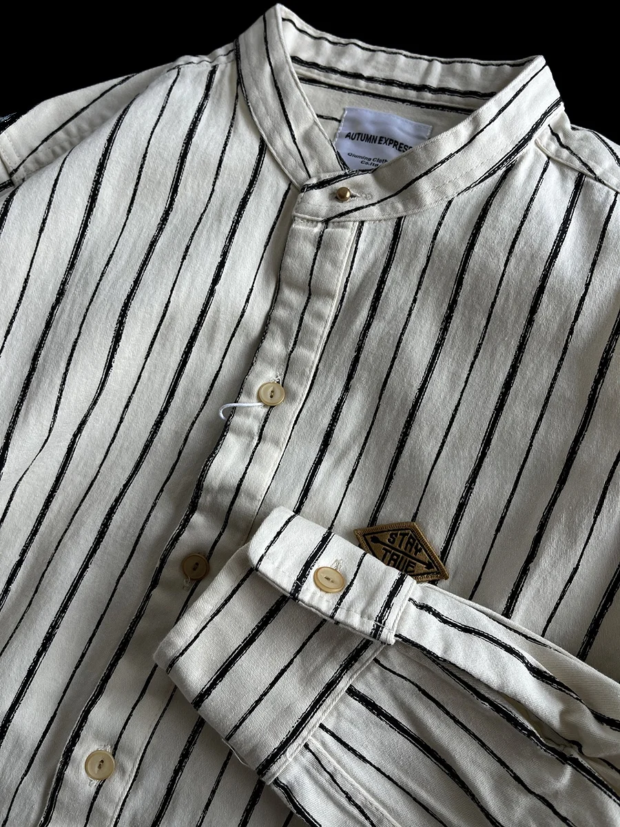 

Sli Loose Fit Long Sve Men's irt Autumn New Arrival Heavyweight Stand Collar Retro Striped Outerwear Trendy Cotton P...