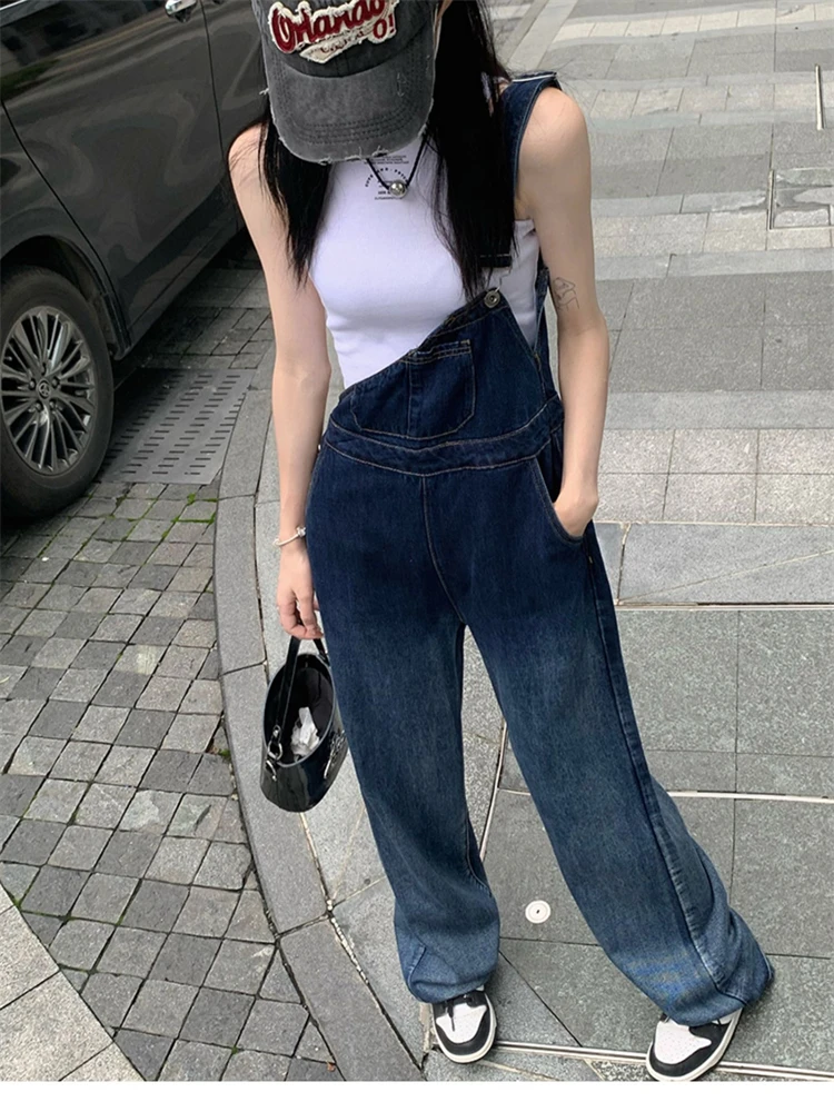 

Women's Gradient Blue Single Shoulder Denim Overalls Girl Wide Leg Suspender Jumpsuits Pants Female Streetwear Rompers Trouser