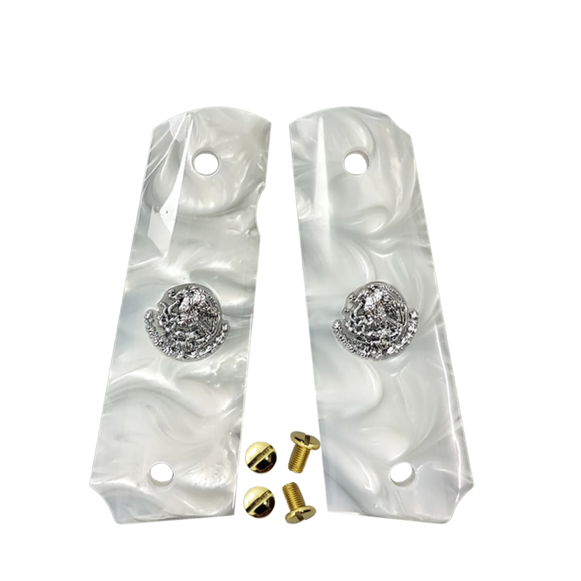 Empuñaduras 1911 de tamaño completo, color blanco perla, diseño de águila mexicana plateada, compatibles con Colt, Kimber, Springfield, Remington, Rock Island, Government Commander