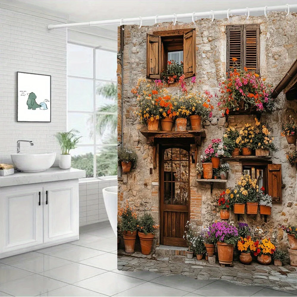 Rustic Old Stone House Colorful Potted Flowers Print Bath curtain Soft t Warm Sofa Bed Cover Tuscan Town Floral