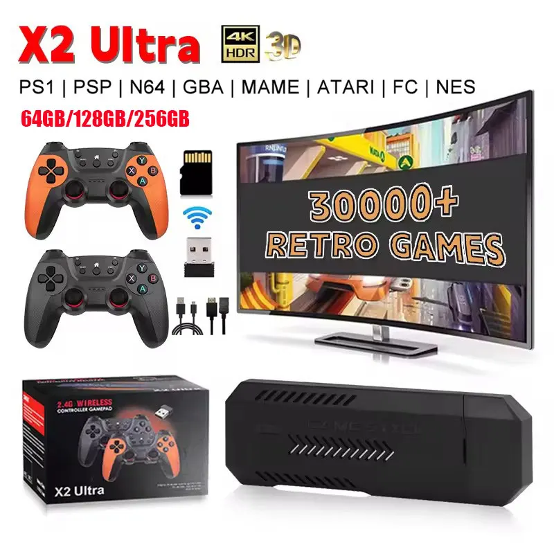 X2 Ultra 256G 60000 لعبة 4K لعبة لاعب HD ريترو لعبة فيديو وحدة التحكم شحن لاسلكي تحكم التلفزيون 30 + أجهزة المحاكاة للأطفال هدية