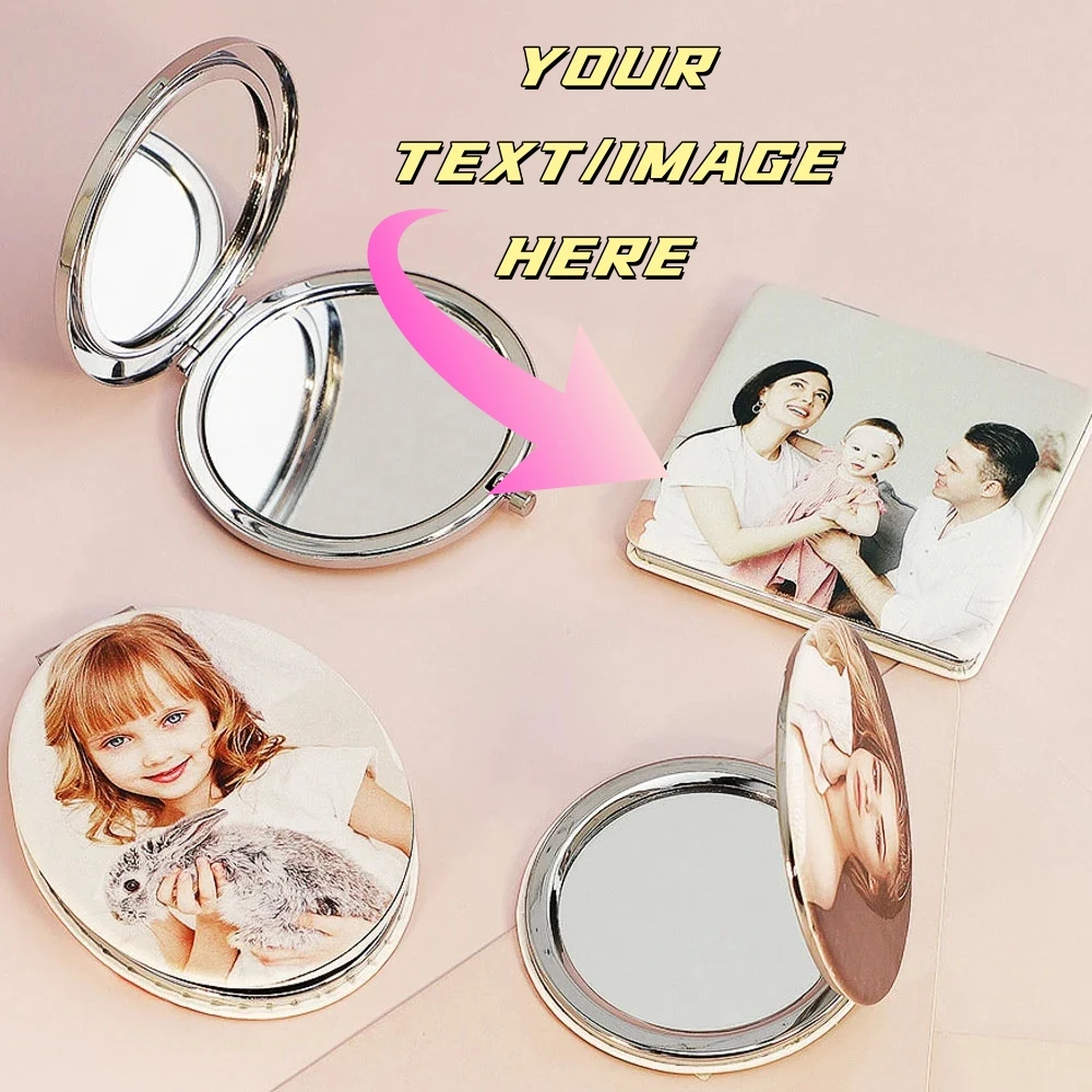 Custom Personalized Photo Text Print Leather Makeup Mirror Pocket Folding Mirror Portable Double Sided Custom Gift for Women