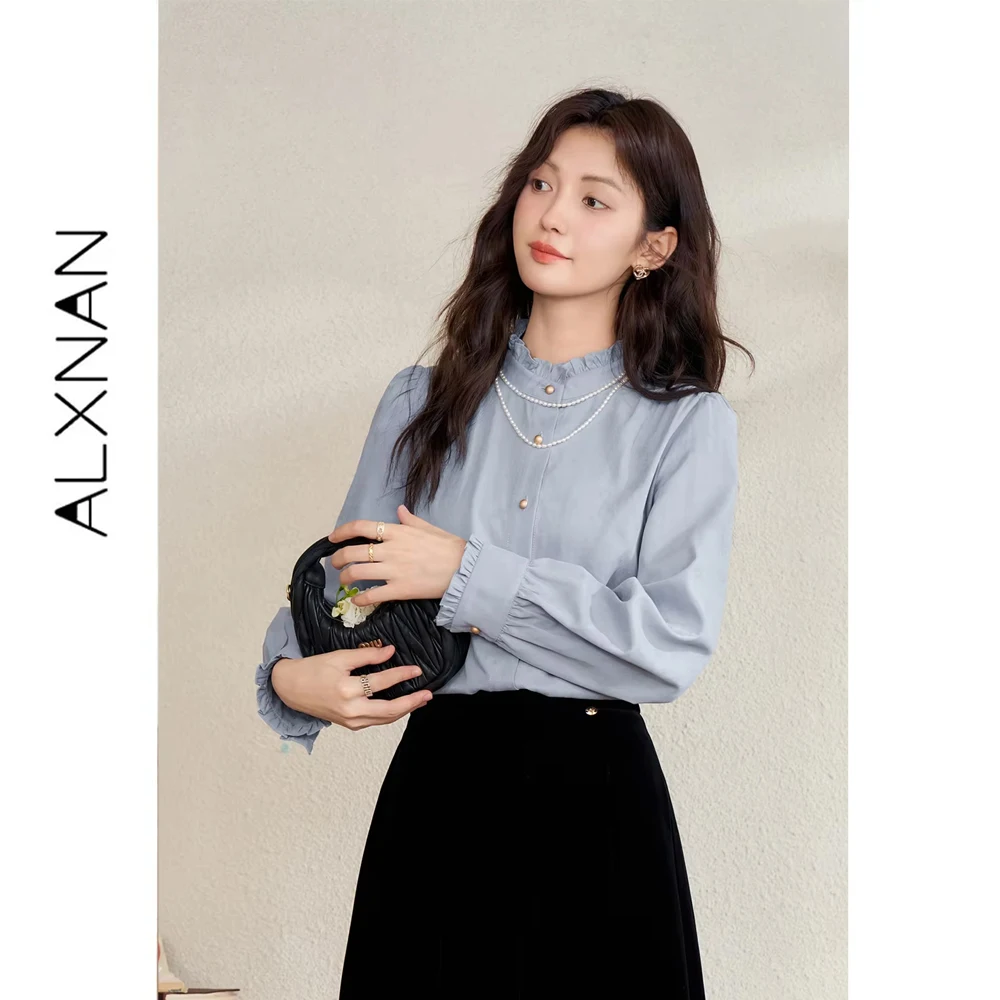 ALXNAN French Blue Shirt Women Autumn Ruffle Long Sleeve Blouse 2026 Fashion Elegant Office Lady Casual Female Top L50056
