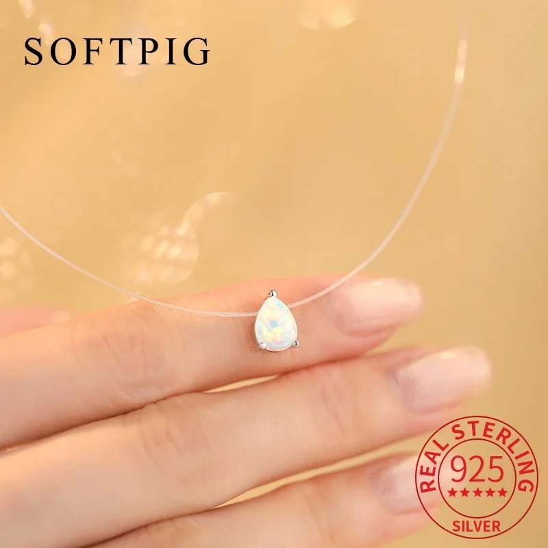 

SOFTPIG Real 925 Sterling Silver Fishing Line Opal Water Drop Pendant Choker Necklace for Women Trendy Fine Jewelry Accessories