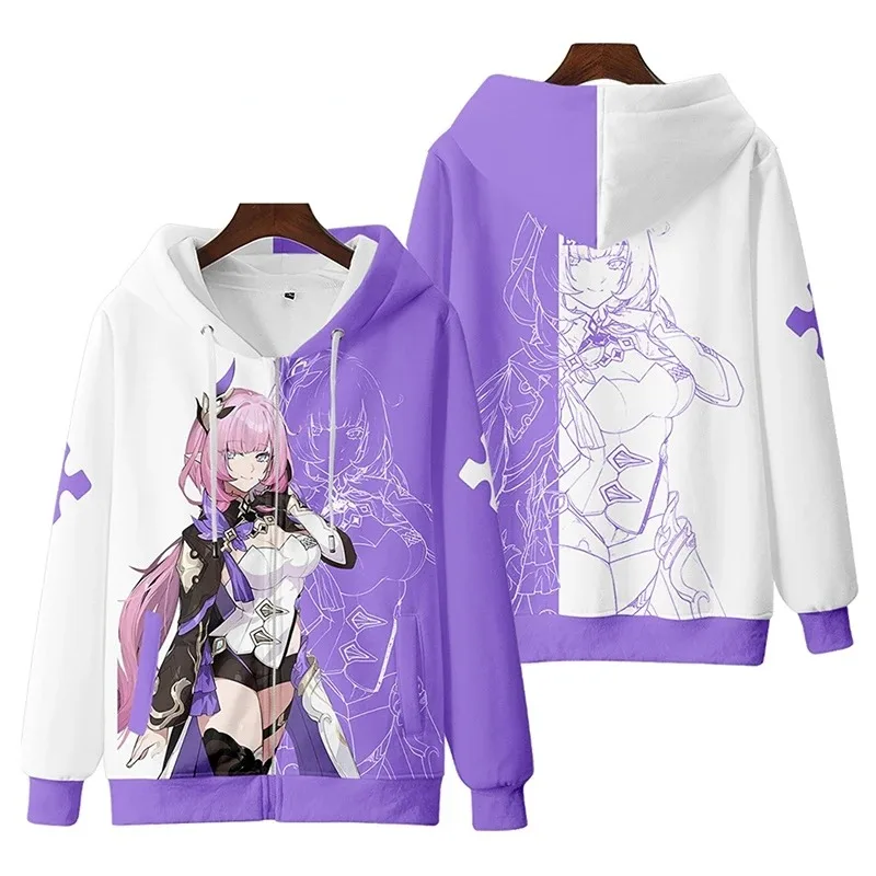 Homens e mulheres Honkai Impact Print com capuz com zíper, moletom Elysia Cosplay, jaqueta com capuz, casacos masculinos, 2024