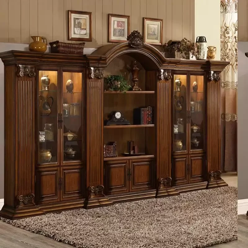Cherry Wood Combination Bookcase Solid Wood with Door Free Assembly Display Retro Bookshelf for Study