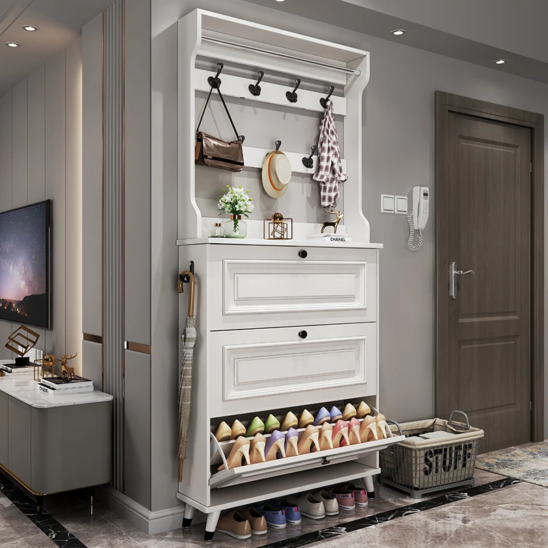 Tipping bucket in the corridor outside the entrance of the home, integrated solid wood leg small shoe rack