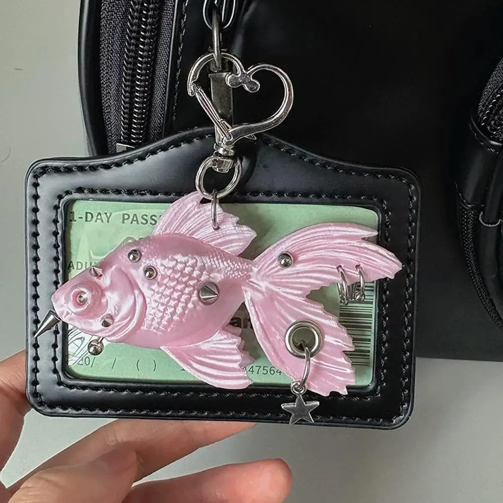 Punk Gothic Goldfish Keychain Rivet Studded Fish Bag Charm Pendant Cool Y2K Backpack Decoration Key Ring Accessories