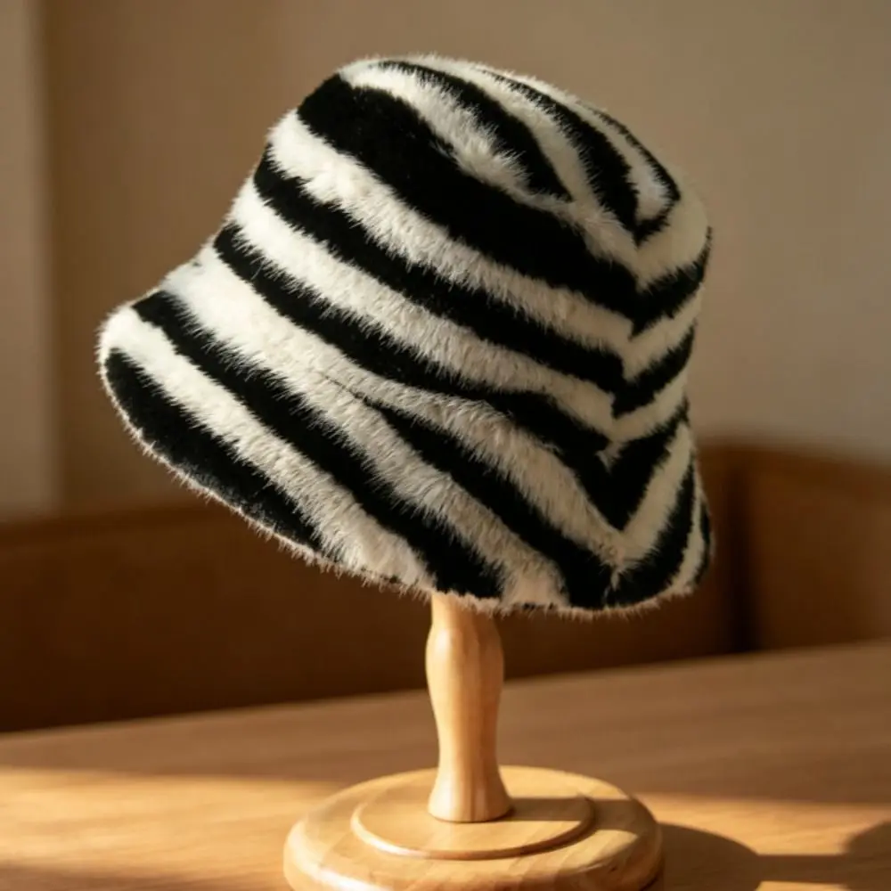 New Zebra Pattern Winter Bucket Hat Fluffy Faux Fur Bonnet Cap Ear Protection Soft Basin Hat