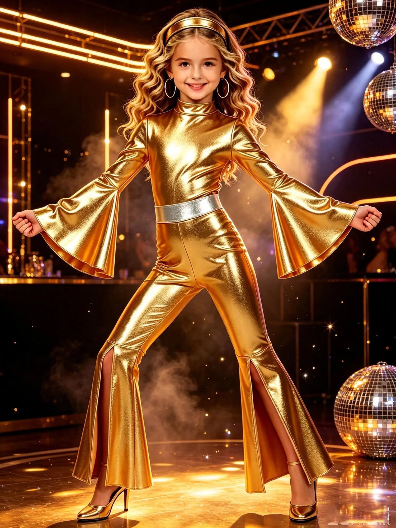 Kids Girls 70S Disco Hippie Costume Metallic Shiny Jazz Dance Flared Jumpsuit Split Bell-bottom Romper with Headband Streetwear
