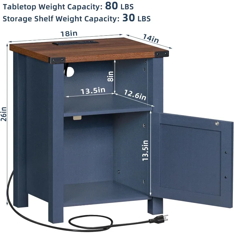 Conjunto de mesa de cabeceira de 2, mesa de cabeceira de fazenda de 18 polegadas com estação de carregamento e porta USB, mesa final de sofá rústico com magnético