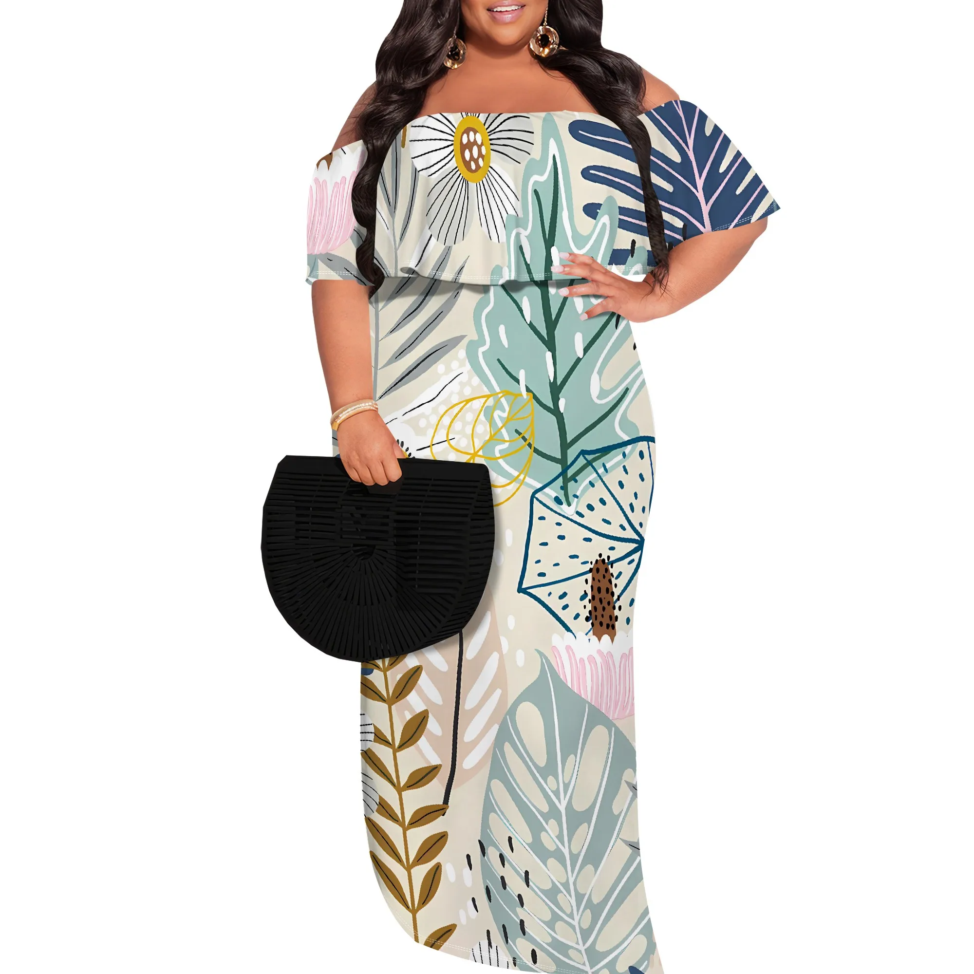 Plus Size Off Shoulder Soft Floral Maxi Dress for Women Spring Picnic Outfit