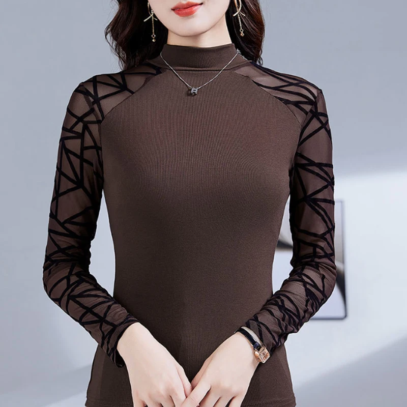 2024 Spring Summer Women Tees Half High Collar Casual Black T Shirt Patchwork Half Sleeve Sexy Women Mesh Tops