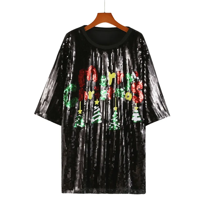 

Runway Summer Rainbow Letter Streetwear Sequined Short Sleeve T-Shirt Round Neck Loose Hip Hop Night Club Women's Clothing