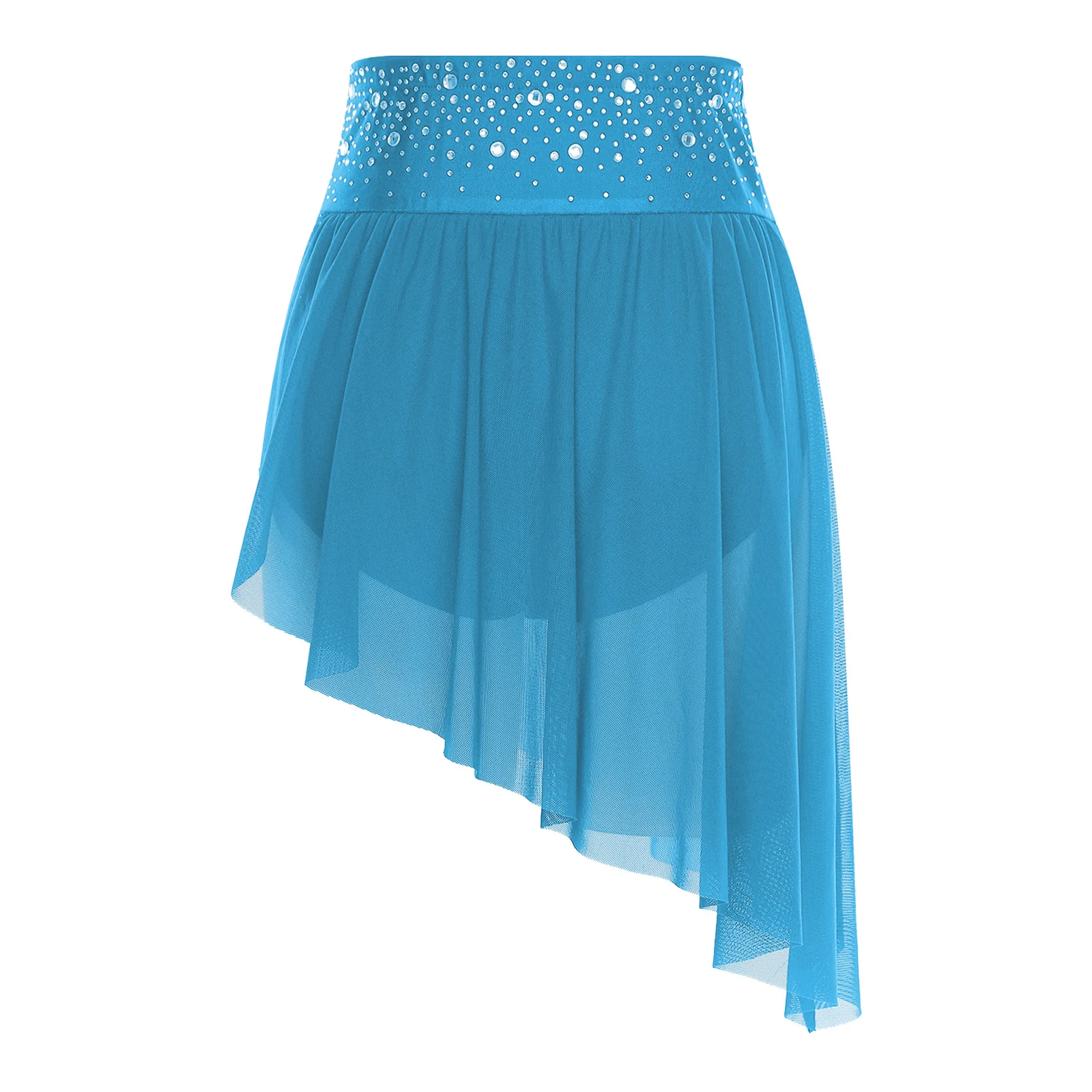 Women's Lyrical Jazz Dance Skirt High Waist Rhinestone Irregular Mesh Hem One-piece Briefs Skirt Flowy Dancewear for Class Stage