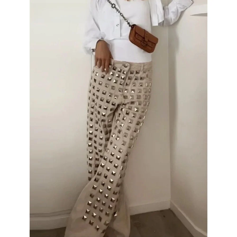 

Vintage Rivet Denim Trousers for Women with Buttons And kets SLI Sle Casual Comfortable Fit PU Fabric Ladies Jeans