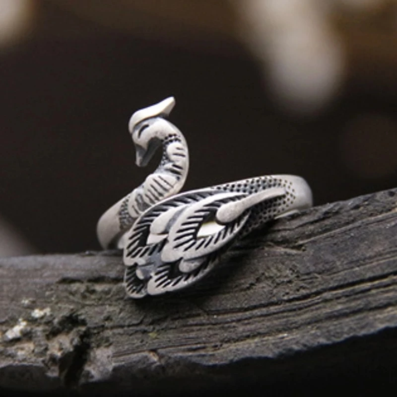 BOCAI NEW S925 Silver Jewelry Vintage Chinese Style Auspicious Bird Peacock Phoenix Fashion Woman Engagement Ring Mom's Gif