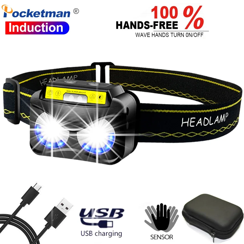 

Powerful LED Headlamp Super Bright USB Rechargeable Head Flashlight Motion Sensor Head Torch Light Lamp Outdoor Camping Fishing