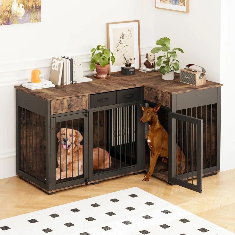 

Large Dog Crate Furniture,L Shape Corner Dog Crate Furniture for 2 Dogs Wooden Dog Kennel Cage TV Stand Table with 6 Drawers and