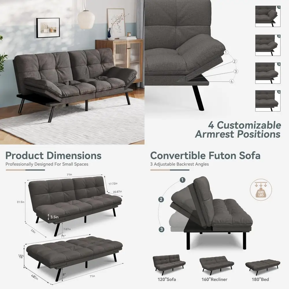 

Convertible Futon Sofa Bed in Grey Linen with Adjustable Backrest and Armrests, Folding Recliner Sleeper Couch