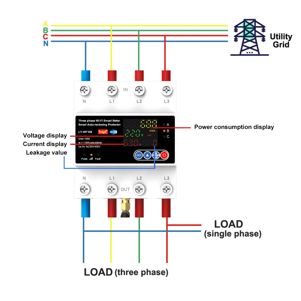 4P 100A Tuya WiFi Three Phase Smart Life Auto-Reclosing Over Under Voltage Protector Smart Meter Timer Switch Circuit Breaker